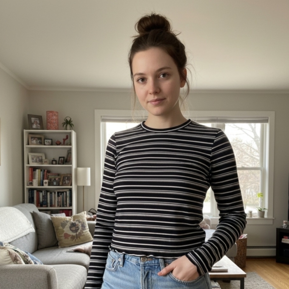 Subdued Black White Burgundy Striped Long Sleeve Parisian Chic Top Small